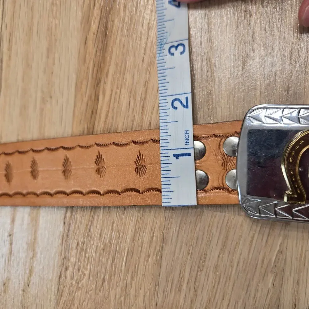 Vintage Tooled Leather Belt Silver Gold Tone Buckle Horse Shoe Handcrafted Mens